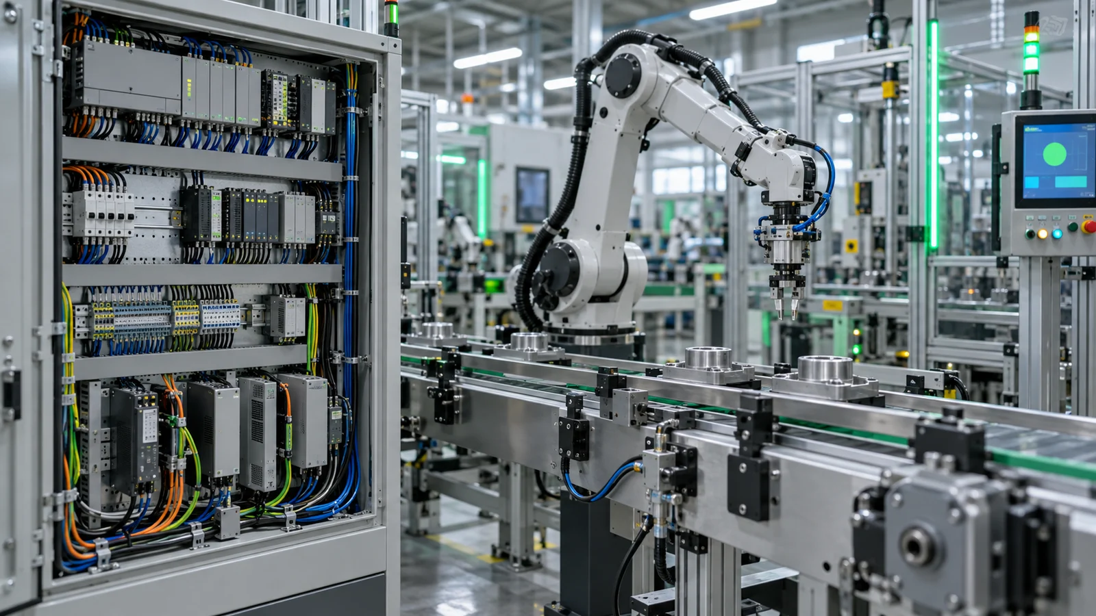 Línea de producción automatizada con brazo robótico y tablero de control