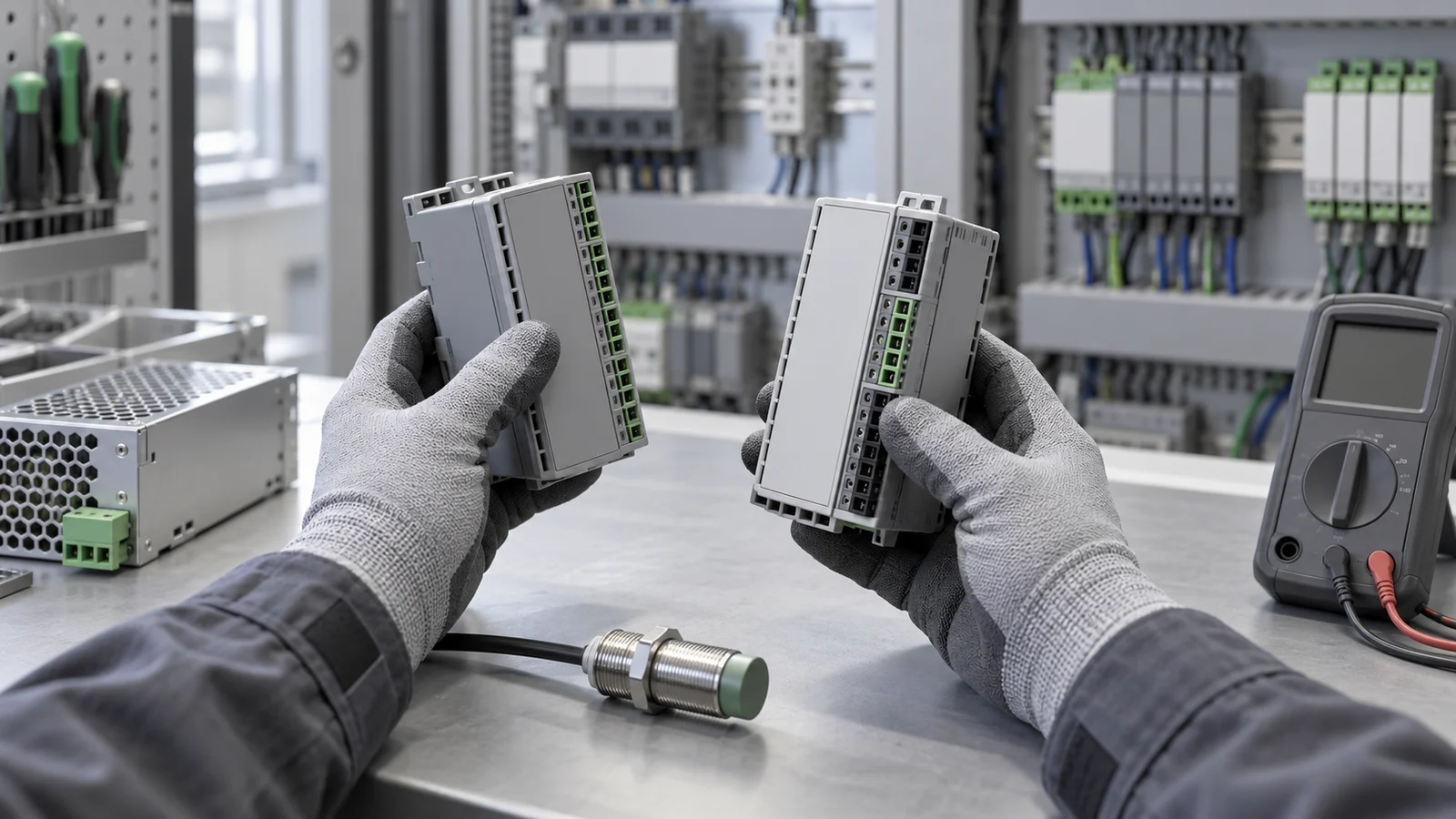 Técnico comparando módulos de automatización industrial