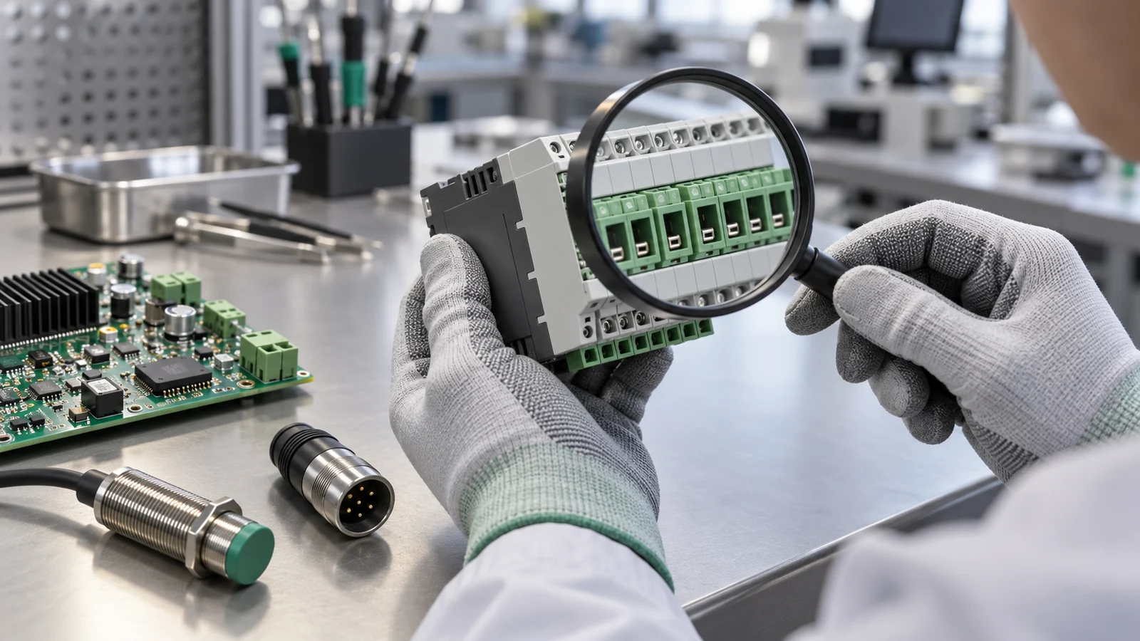 Inspección de los conectores de un módulo electrónico con una lupa